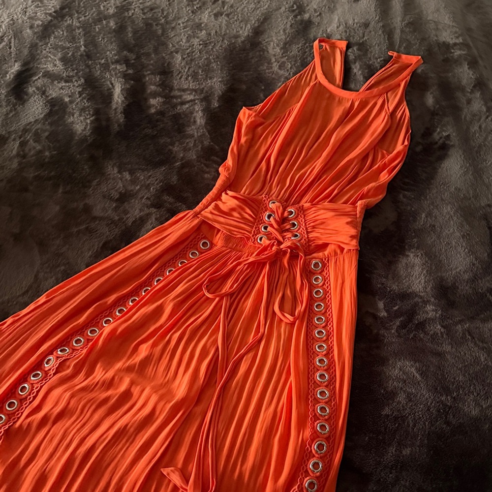 Ramy Brook Bright Orange Lace-Up Midi Dress